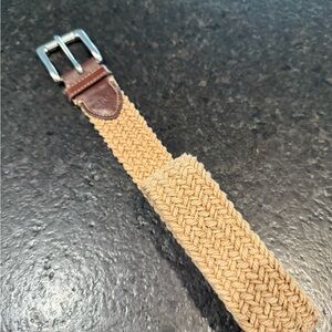 LRL Unisex Braided Canvas Belt with Brown Leather Trim - Tan